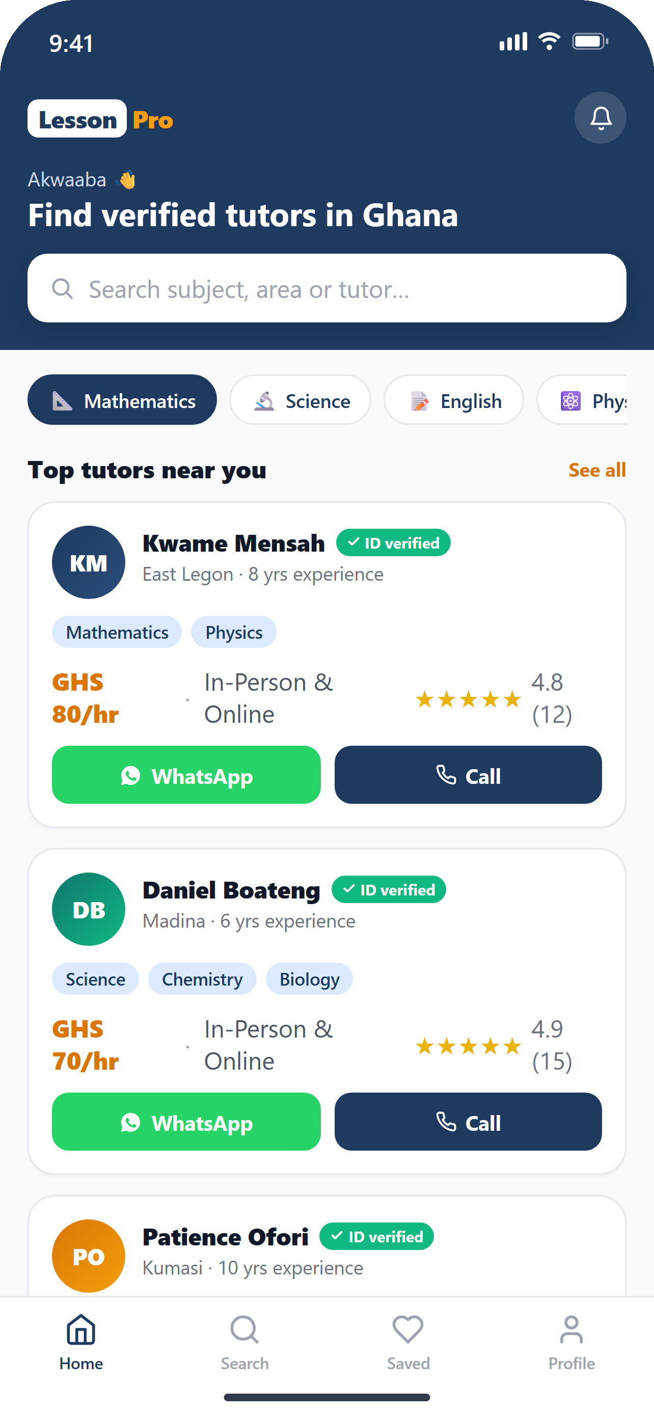 LessonPro app home screen showing verified Ghana tutors
